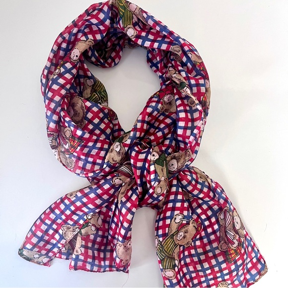 Sheer Silk Teddy Bear Print Scarf Rectangle 63” Novelty Cottagecore Whimsical - Picture 2 of 7